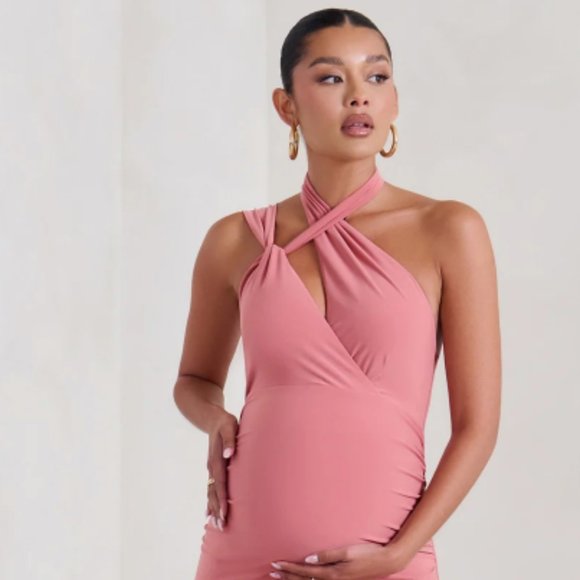 MATERNITY HALTER ASYMMETRIC MAXI DRESS WITH CUT OUT - Picture 1 of 5